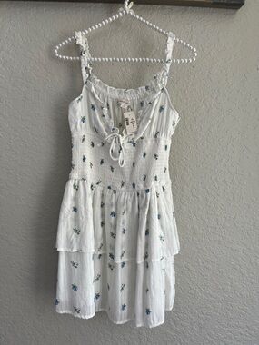 Aeropostale White Strapless Floral Tiered Dress with Blue Flowers